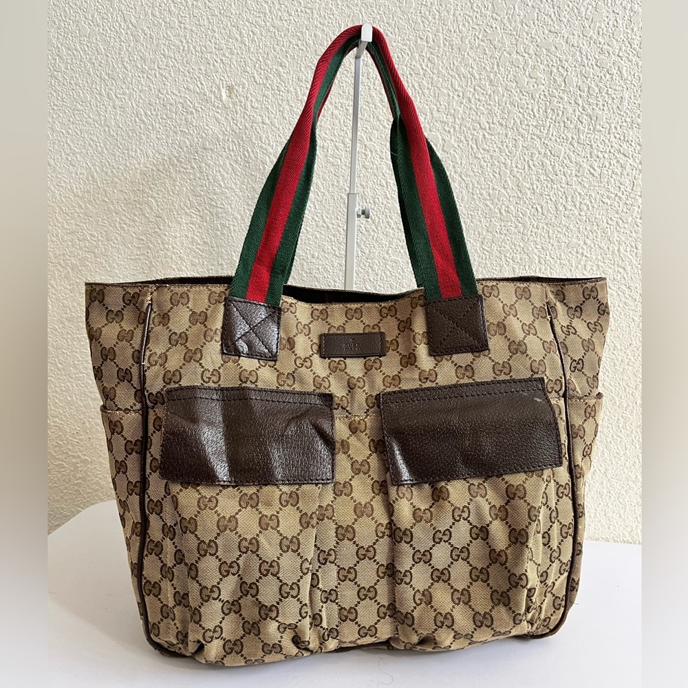 Gucci large Monogram Tote with Red and Green Handles